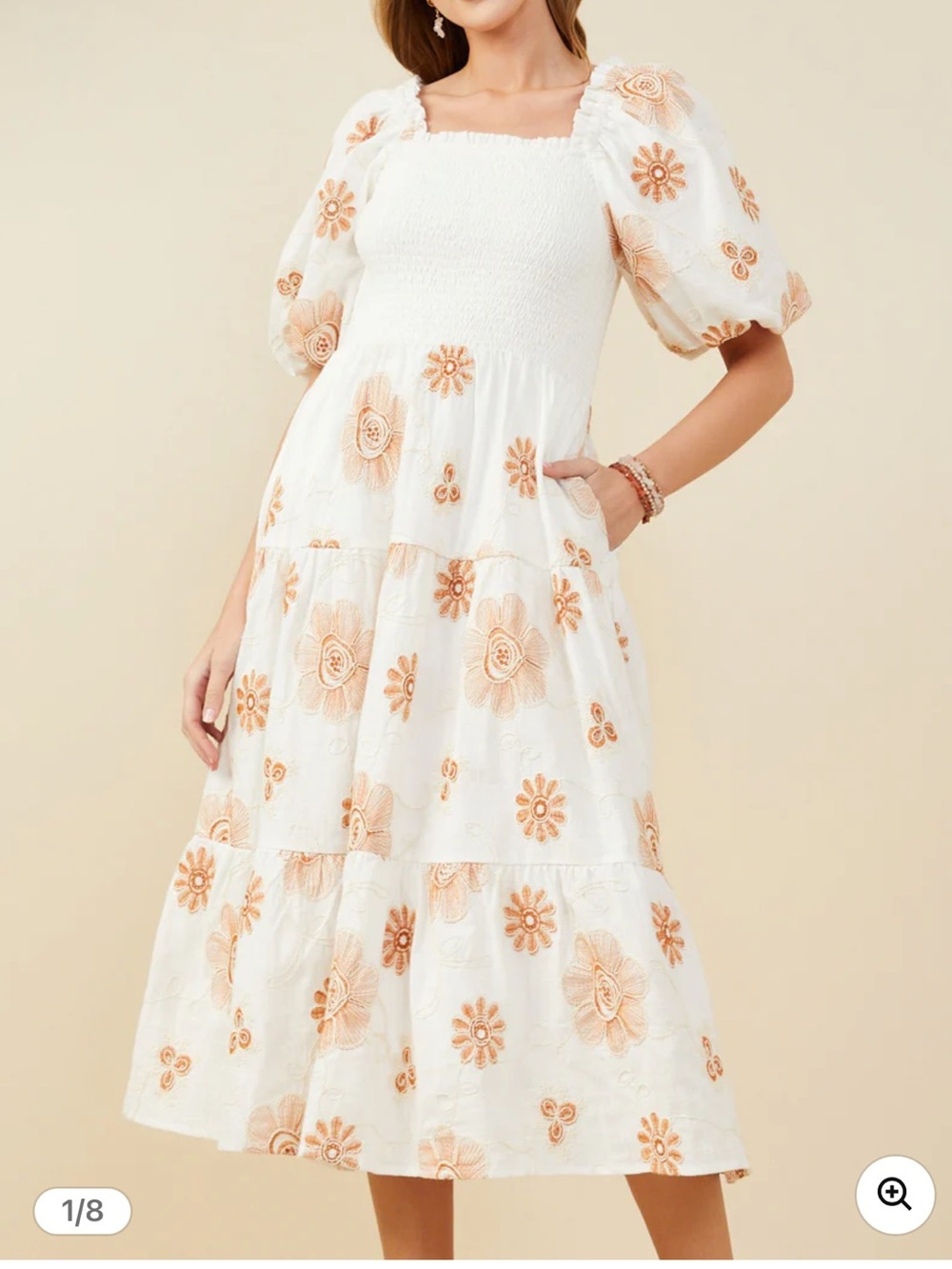 Hayden White Midi Dress with Peach Floral Embroidery